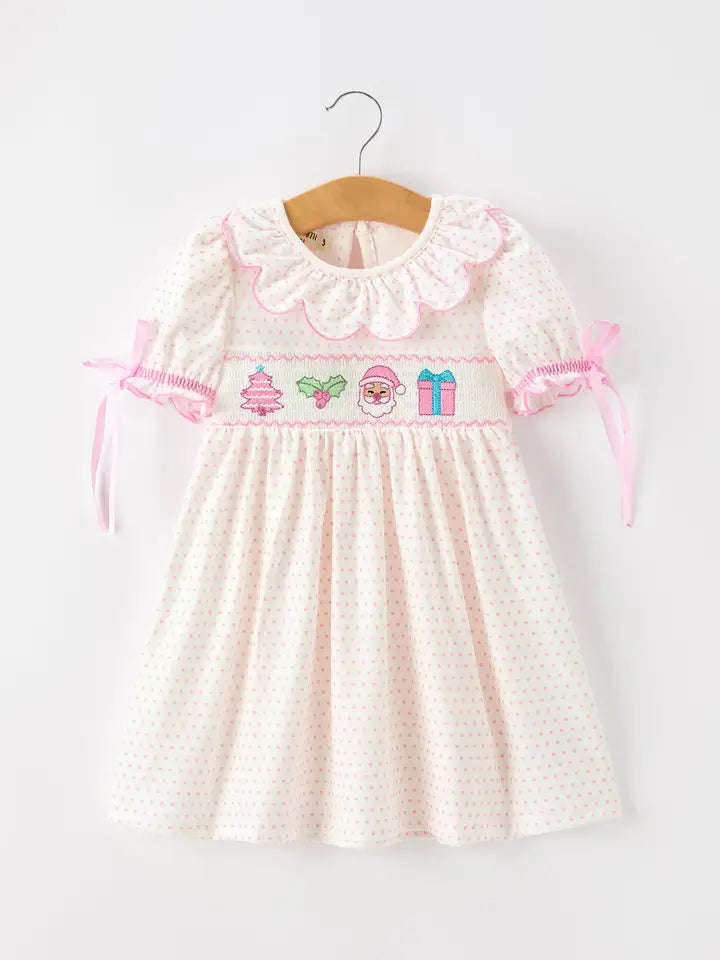 Christmas Smocked Embroidered Ruffle Collar Dress