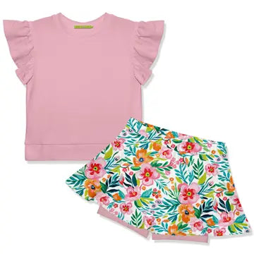 Kids Dusty Pink Fr Terry Top & Floral Skort