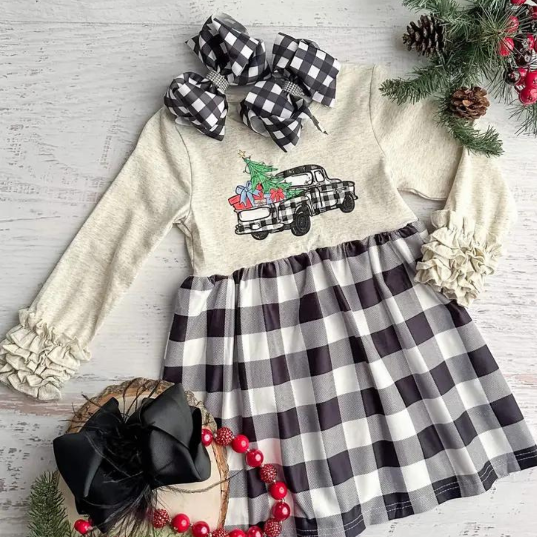 Christmas Tree Black Gingham Truck Dress