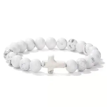 Boho Natural Stone Cross Charm Beaded Bracelet