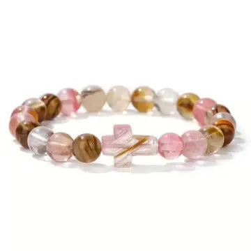Boho Natural Stone Cross Charm Beaded Bracelet
