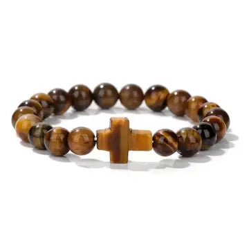 Boho Natural Stone Cross Charm Beaded Bracelet