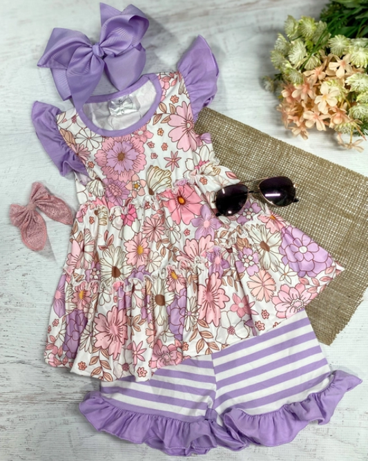 Lavender Floral & Striped Shorts Set