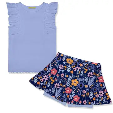 Girls Periwinkle Ribbed Sleeveless Top & Bts Floral Skort
